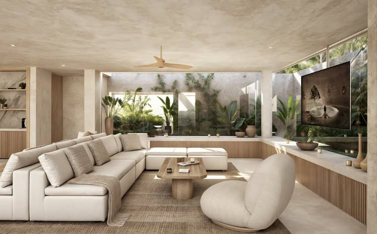 Jungle-view living room of a cared-for residence in Tulum