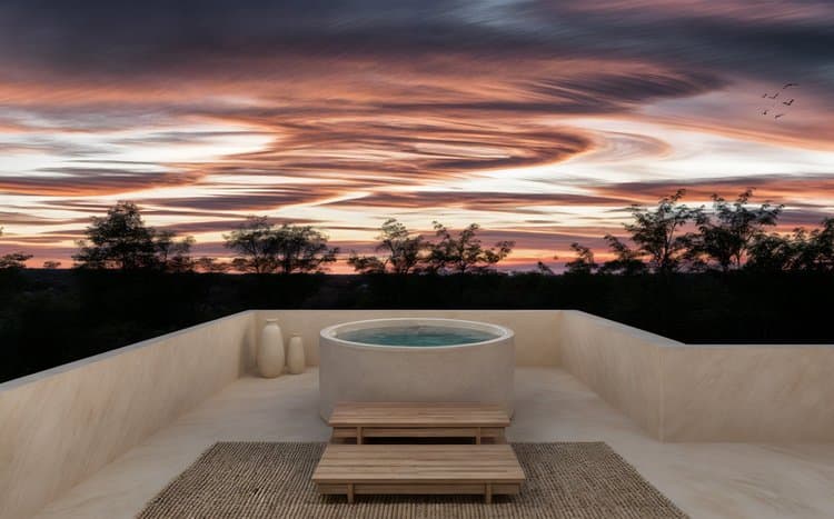 Rooftop plunge pool at sunset overlooking the jungle at Aflora Tulum